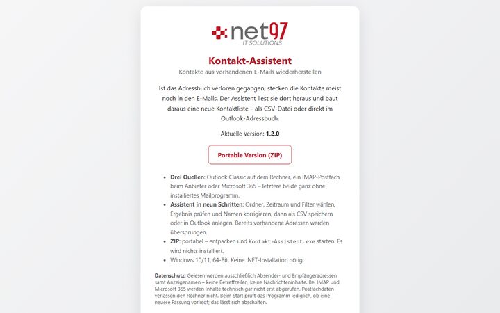 Startseite des net97 Kontakt-Assistenten